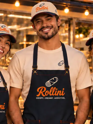 A smiling Rollini crew member in a navy apron and Rollini cap