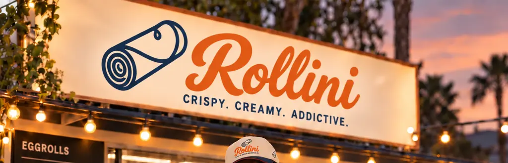 The Rollini sign under string lights at sunset