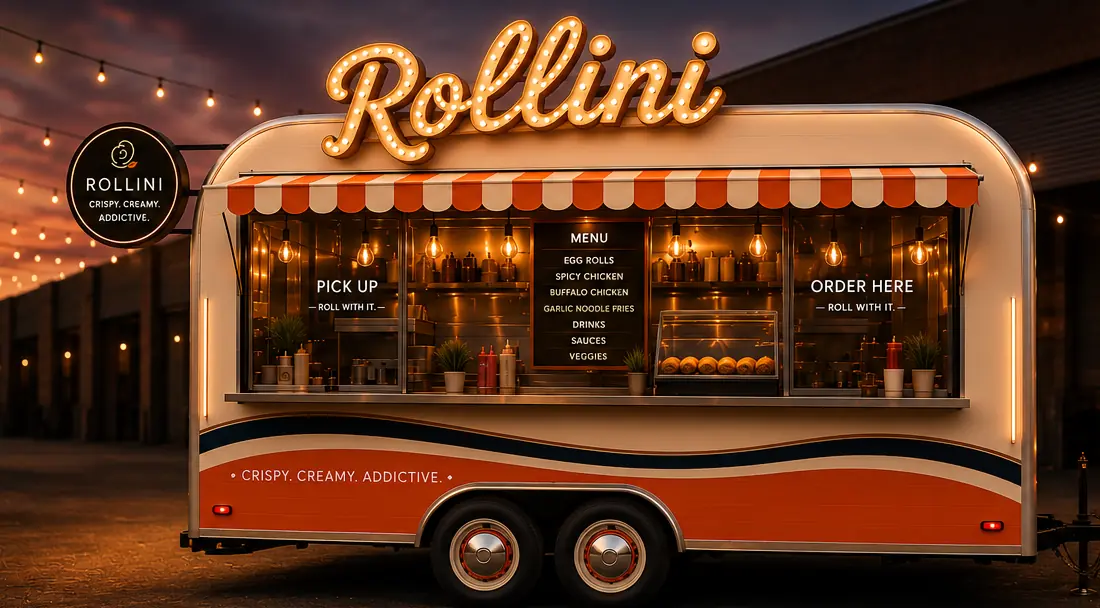The Rollini trailer parked at night with string lights, an orange striped awning and Pick Up and Order Here windows