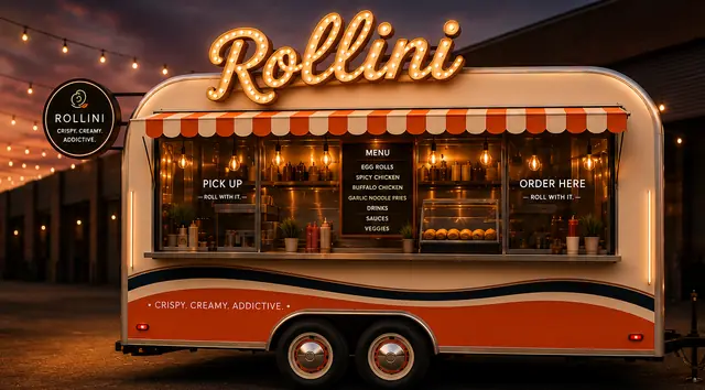 The Rollini trailer glowing at night