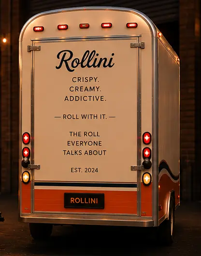 The back door of the Rollini trailer reading Crispy, Creamy, Addictive, Roll with it, The roll everyone talks about, Est. 2024