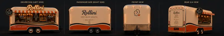 Design drawings of the Rollini trailer from four angles